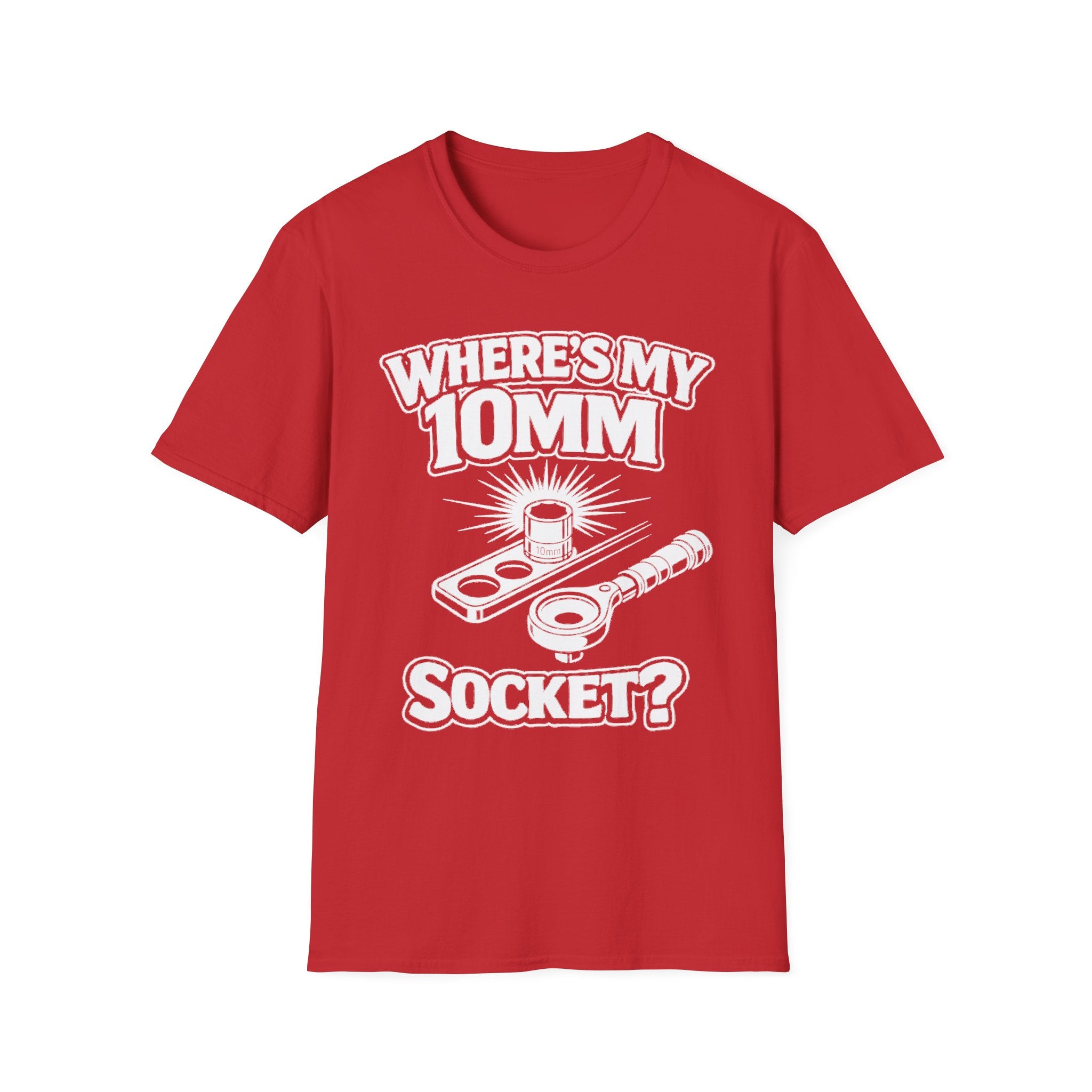 Where's My 10mm Socket? T-shirt in red with white socket tool graphic front