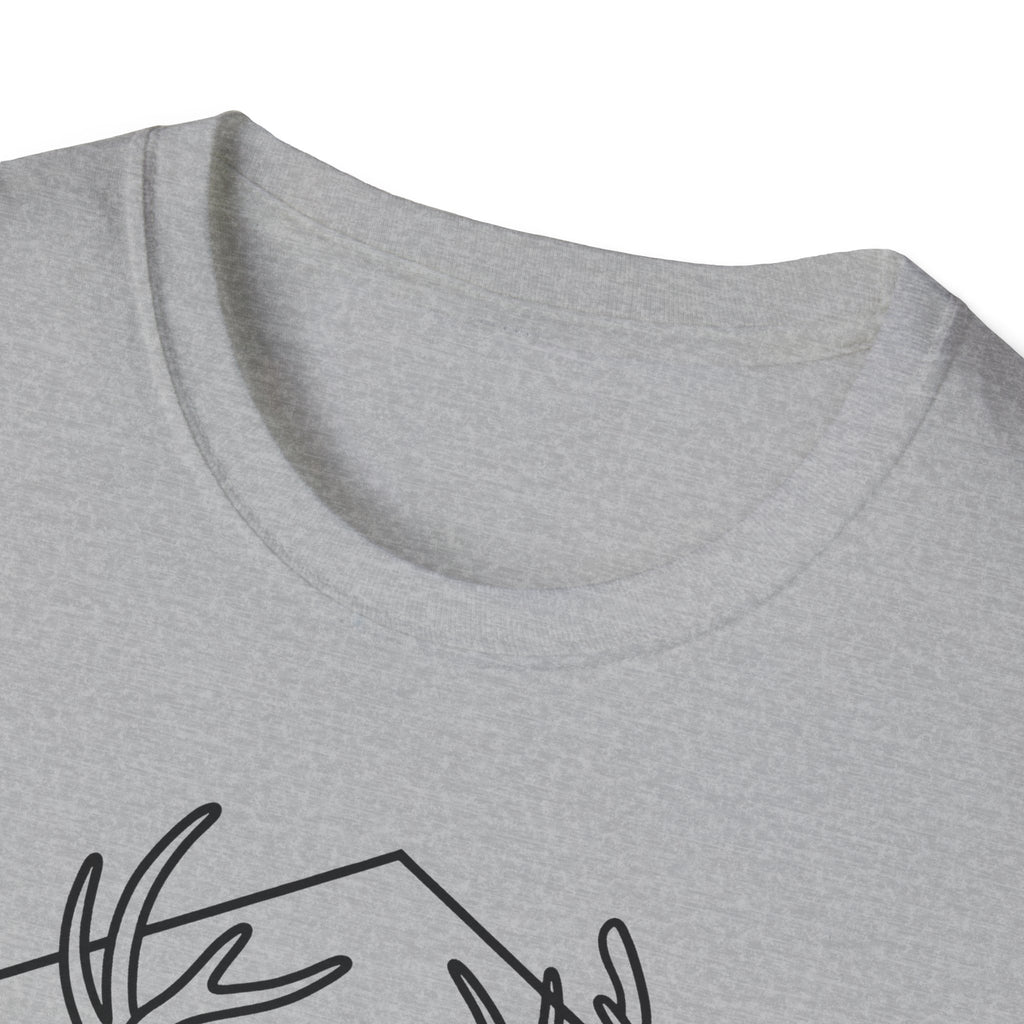 Sport grey crewneck deer t-shirt neckline close-up with partial outlined stag graphic