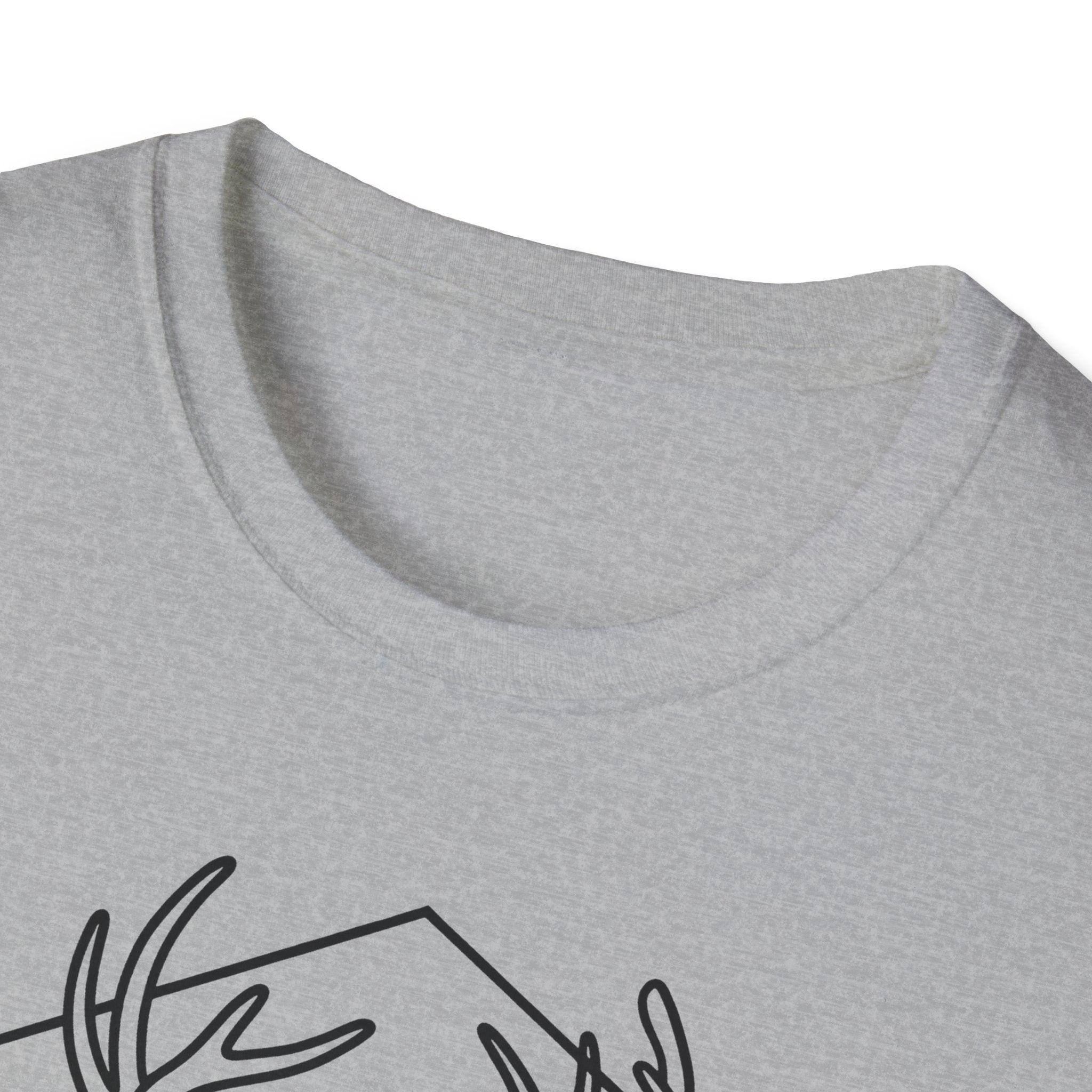Sport grey crewneck deer t-shirt neckline close-up with partial outlined stag graphic