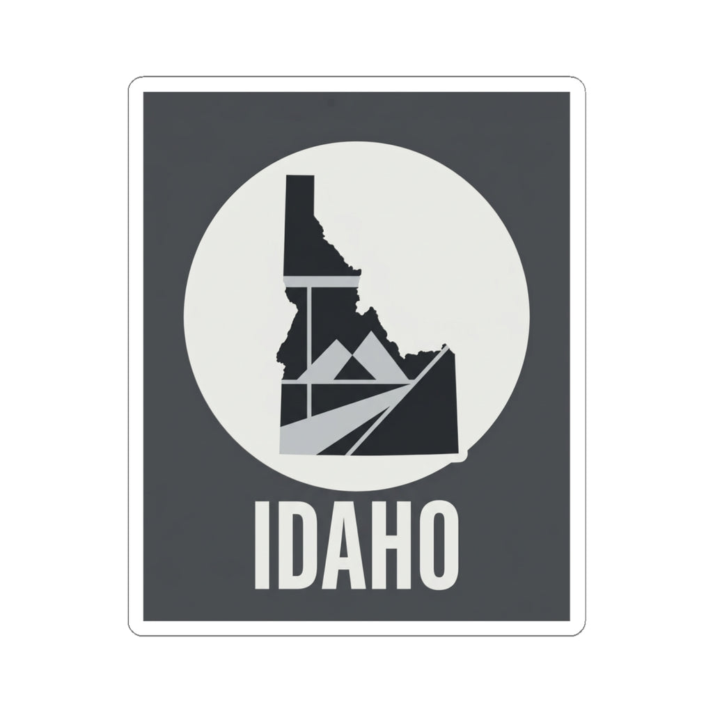 Idaho geometric map kiss-cut sticker, dark square border, white circle graphic and IDAHO lettering