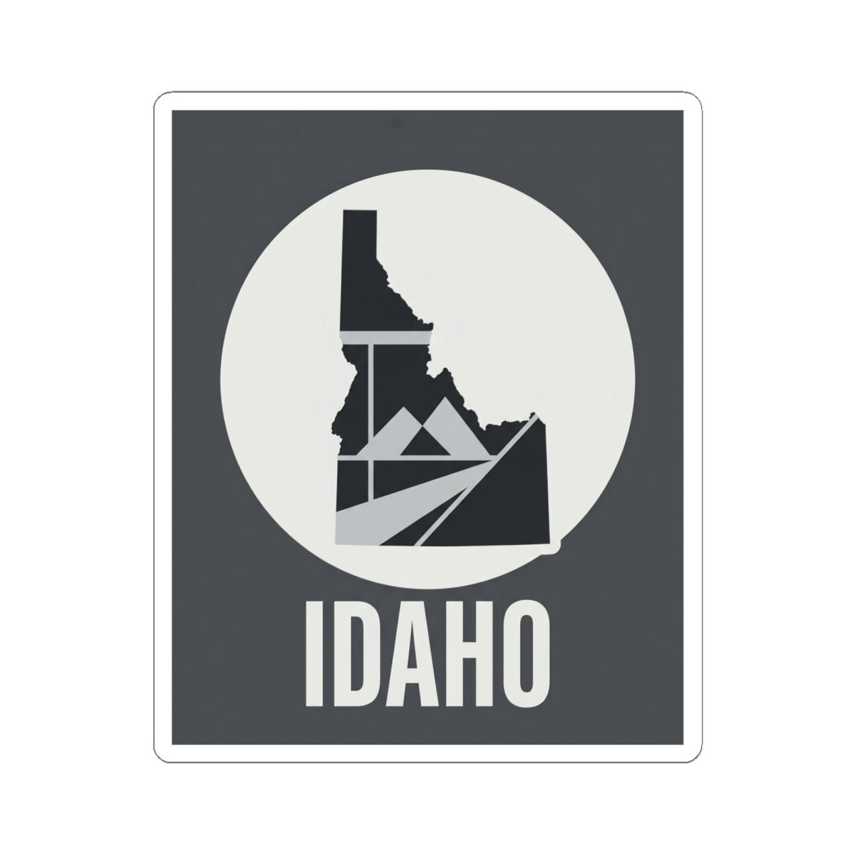 Idaho geometric map kiss-cut sticker, dark square border, white circle graphic and IDAHO lettering