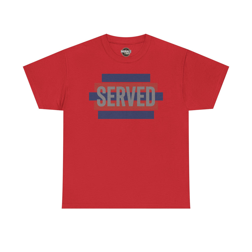 Red T-shirt with “SERVED” graphic in red and blue stripes at center chest