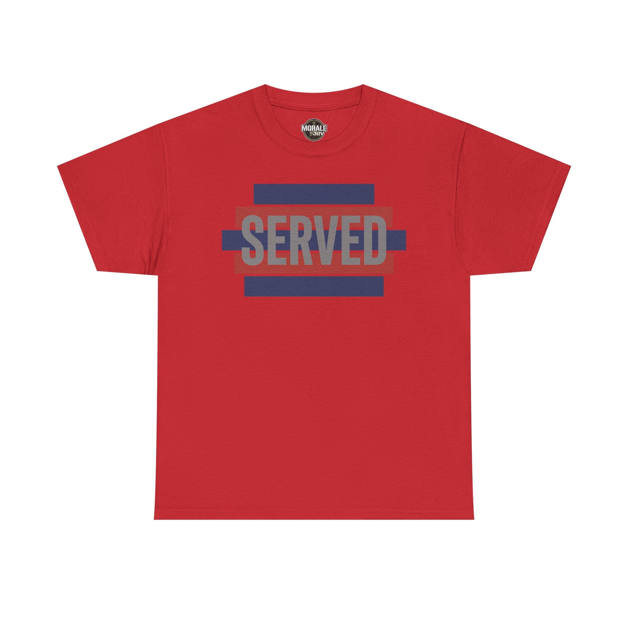 Red T-shirt with “SERVED” graphic in red and blue stripes at center chest