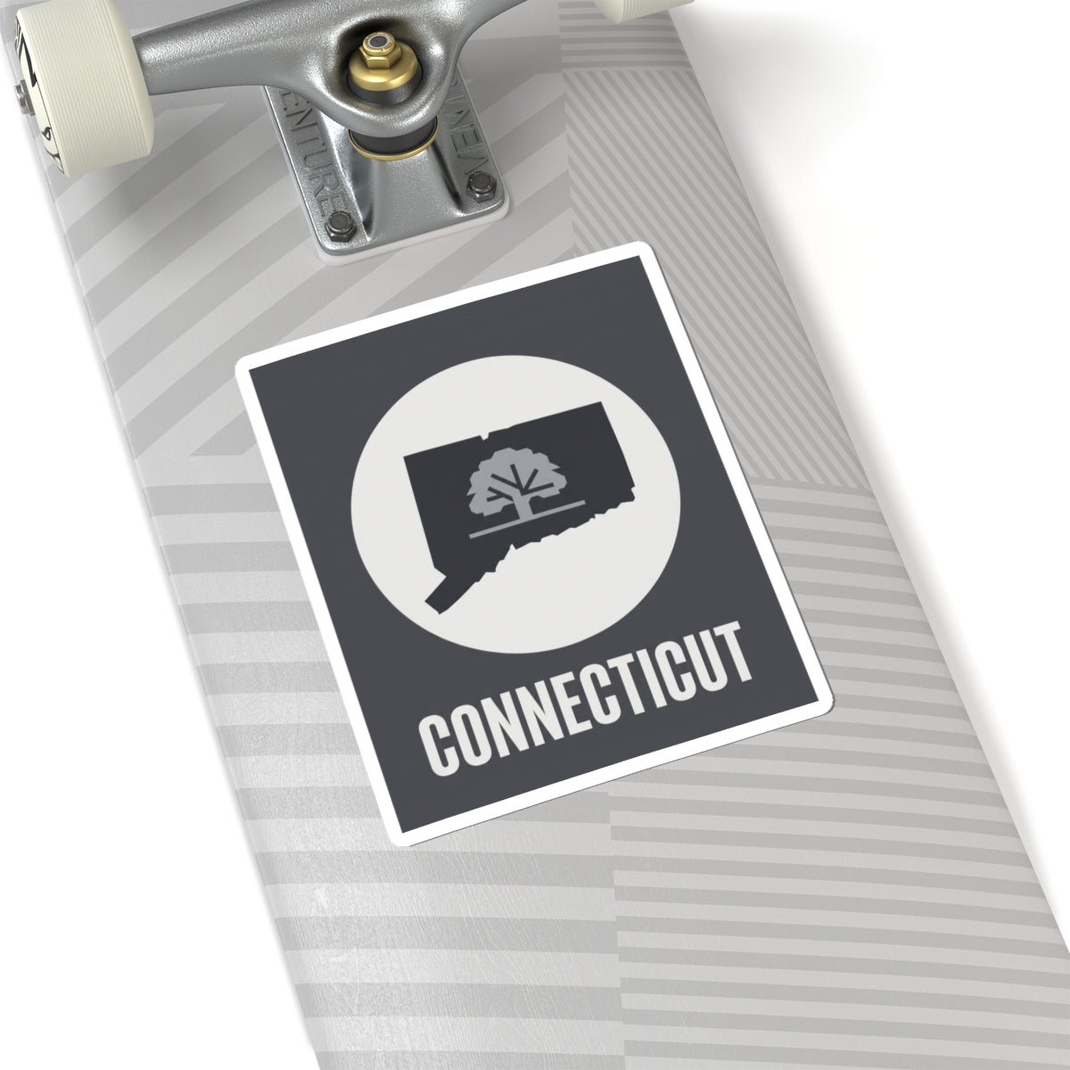 Connecticut tree silhouette sticker on a gray striped surface, dark square with white circle
