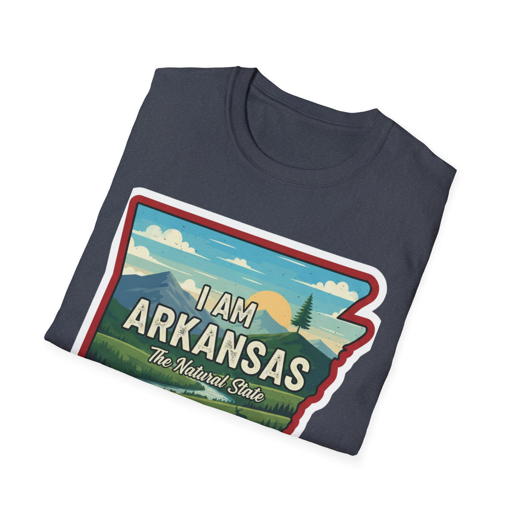 I Am Arkansas T-shirt in heather blue with “I Am Arkansas” landscape state design