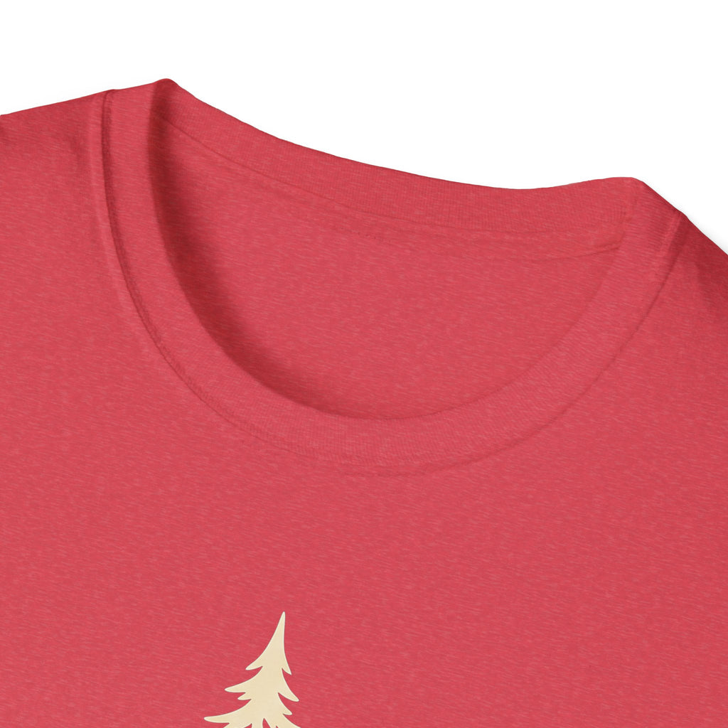 Pine Tree Mountain T-shirt neckline close-up, soft heather red knit fabric