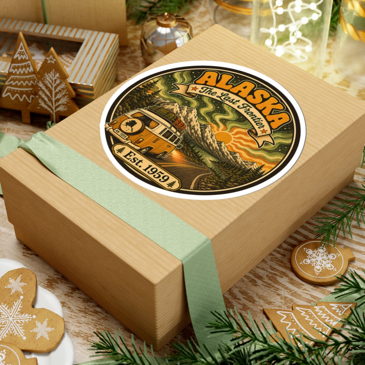 Round Alaska vintage sticker on a wrapped gift box, with “The Last Frontier” and Est. 1959
