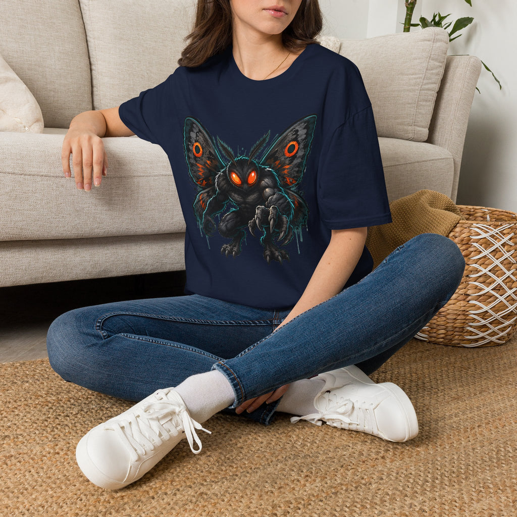 Navy monster moth graphic T-shirt with glowing eyes, worn on model