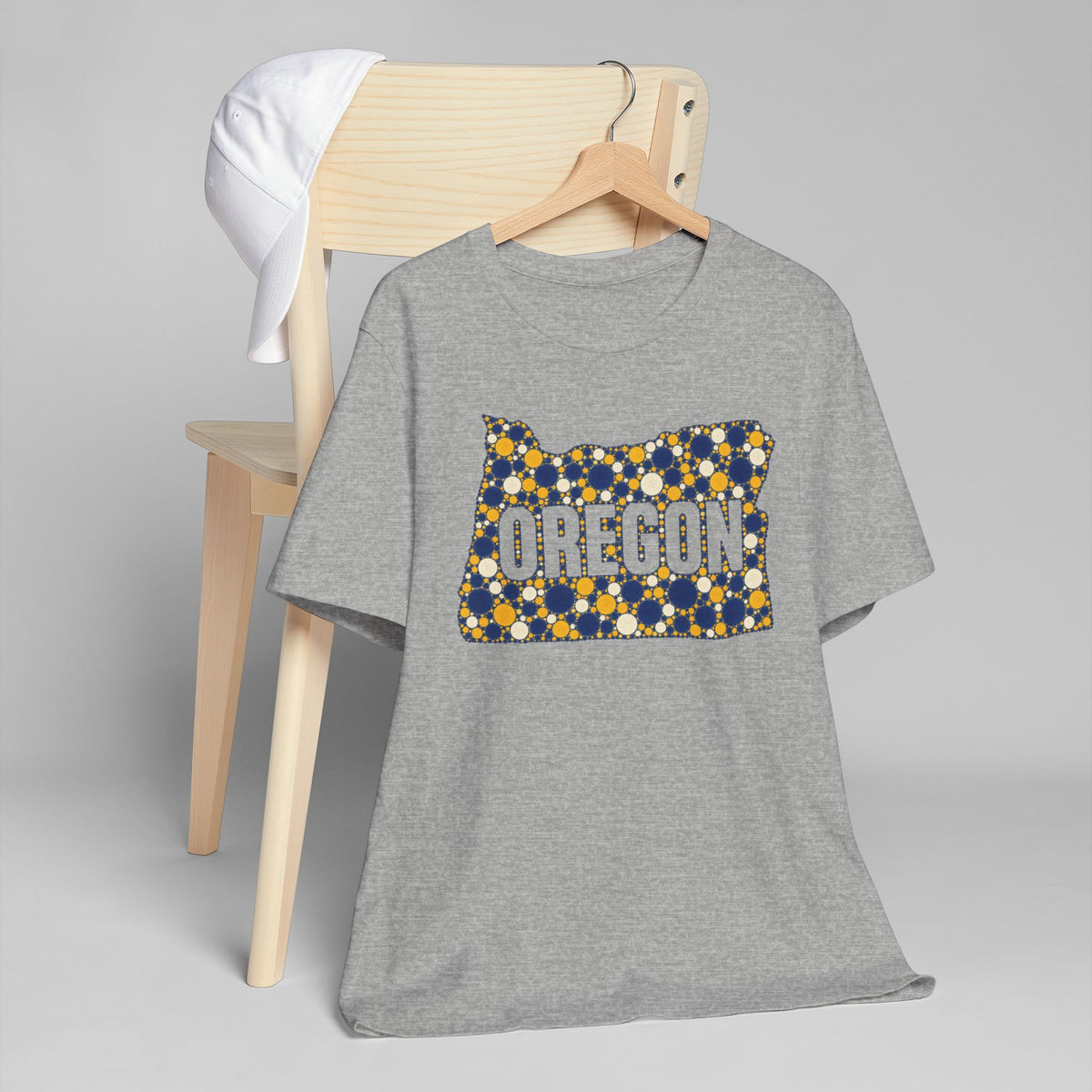 Heather gray crew-neck T-shirt with Oregon graphic in blue and gold dots.