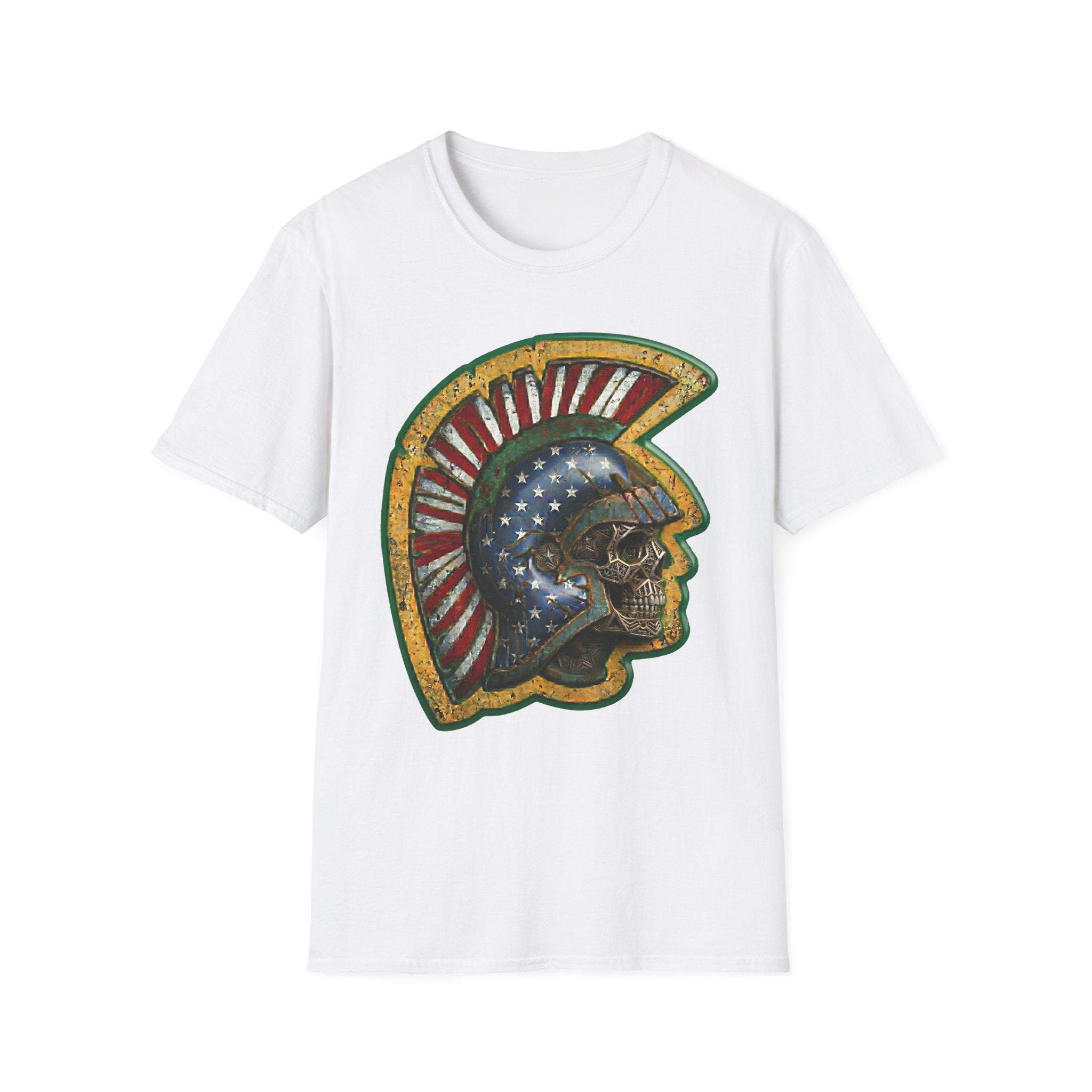 White t-shirt with American flag warrior skull helmet graphic front