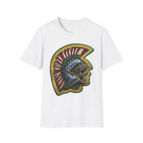 White t-shirt with American flag warrior skull helmet graphic front