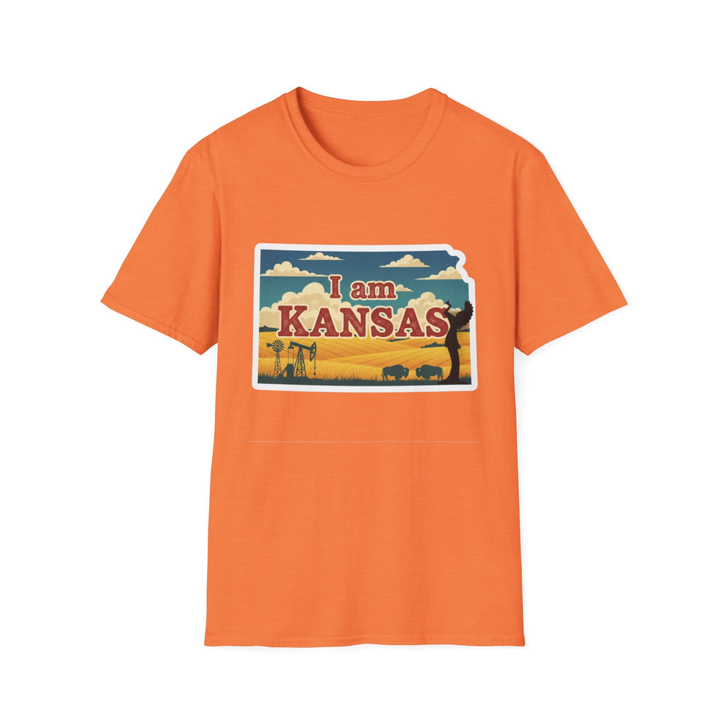 Kansas T-shirt in orange with 'I am KANSAS' graphic and prairie scenery