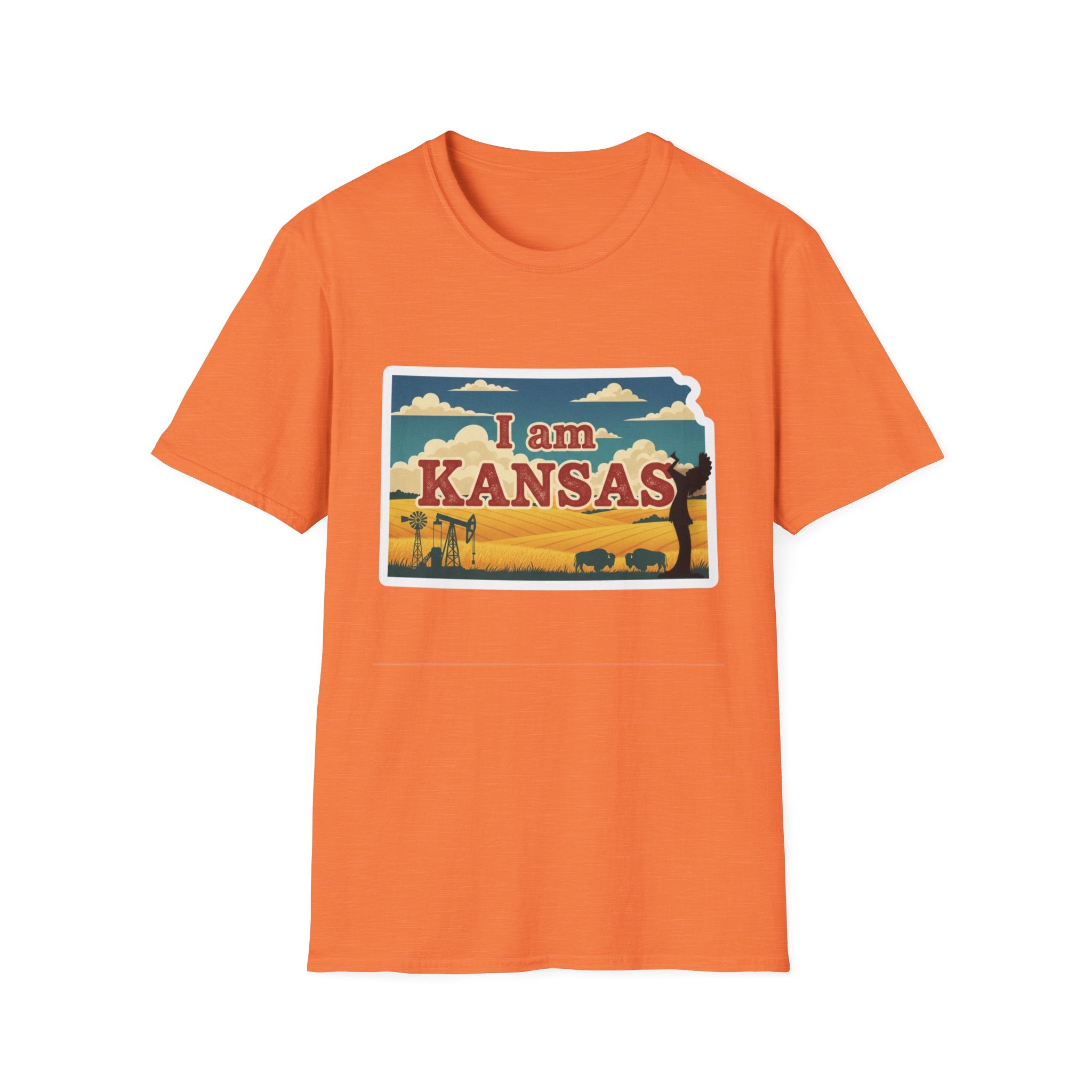 Kansas T-shirt in orange with 'I am KANSAS' graphic and prairie scenery