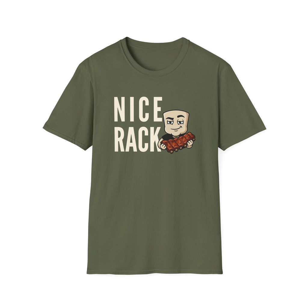 Dark green T-shirt with bold “Nice Rack” letters and cartoon BBQ ribs graphic