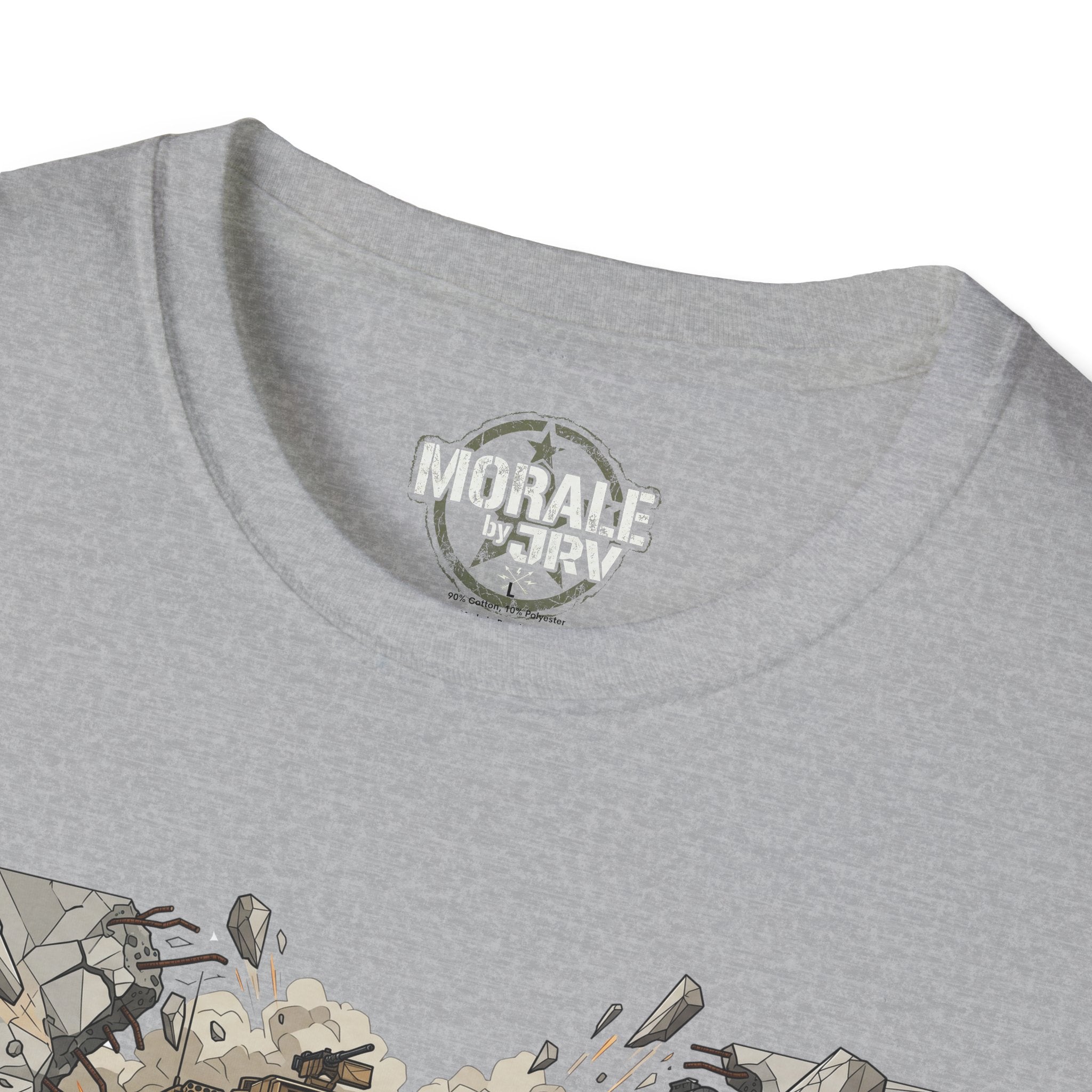 Sport grey crew-neck T-shirt with small “MORALE” logo patch near collar