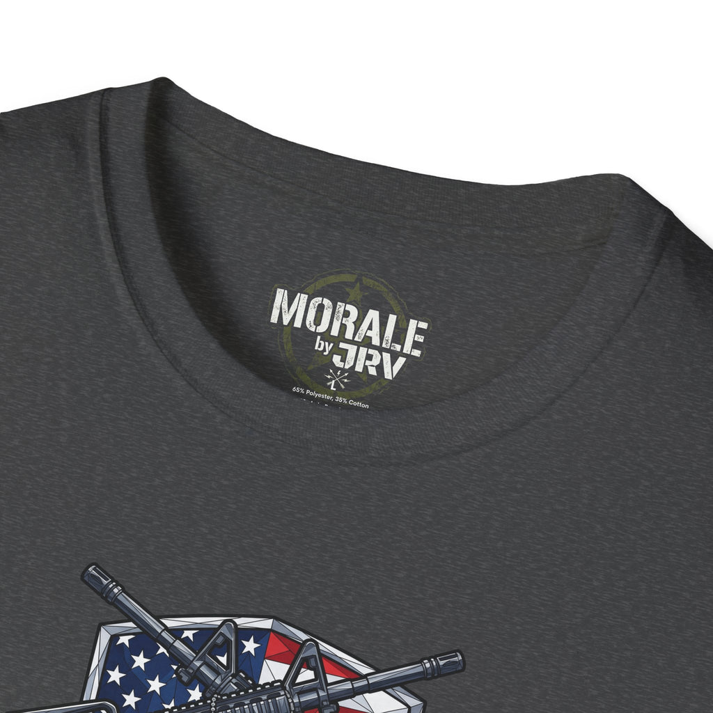 Charcoal T-shirt back neckline with small “MORALE by GVR” graphic