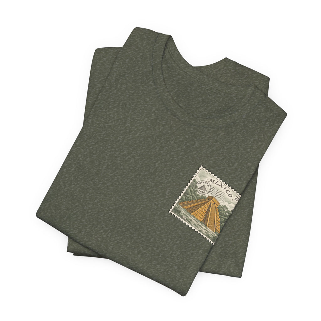 Olive heather crewneck T-shirt with small vintage-style Mexico postage stamp graphic