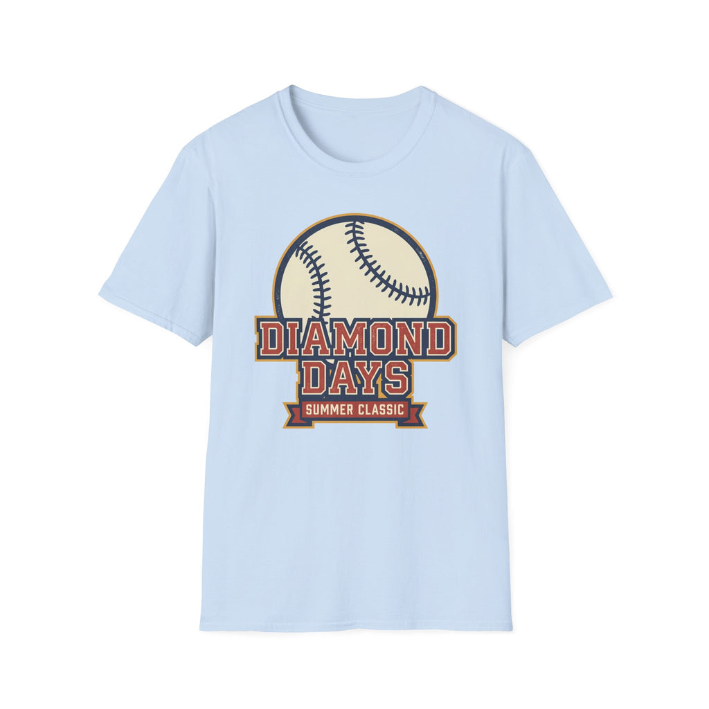 Vintage baseball T-shirt, light blue, Diamond Days baseball graphic centered