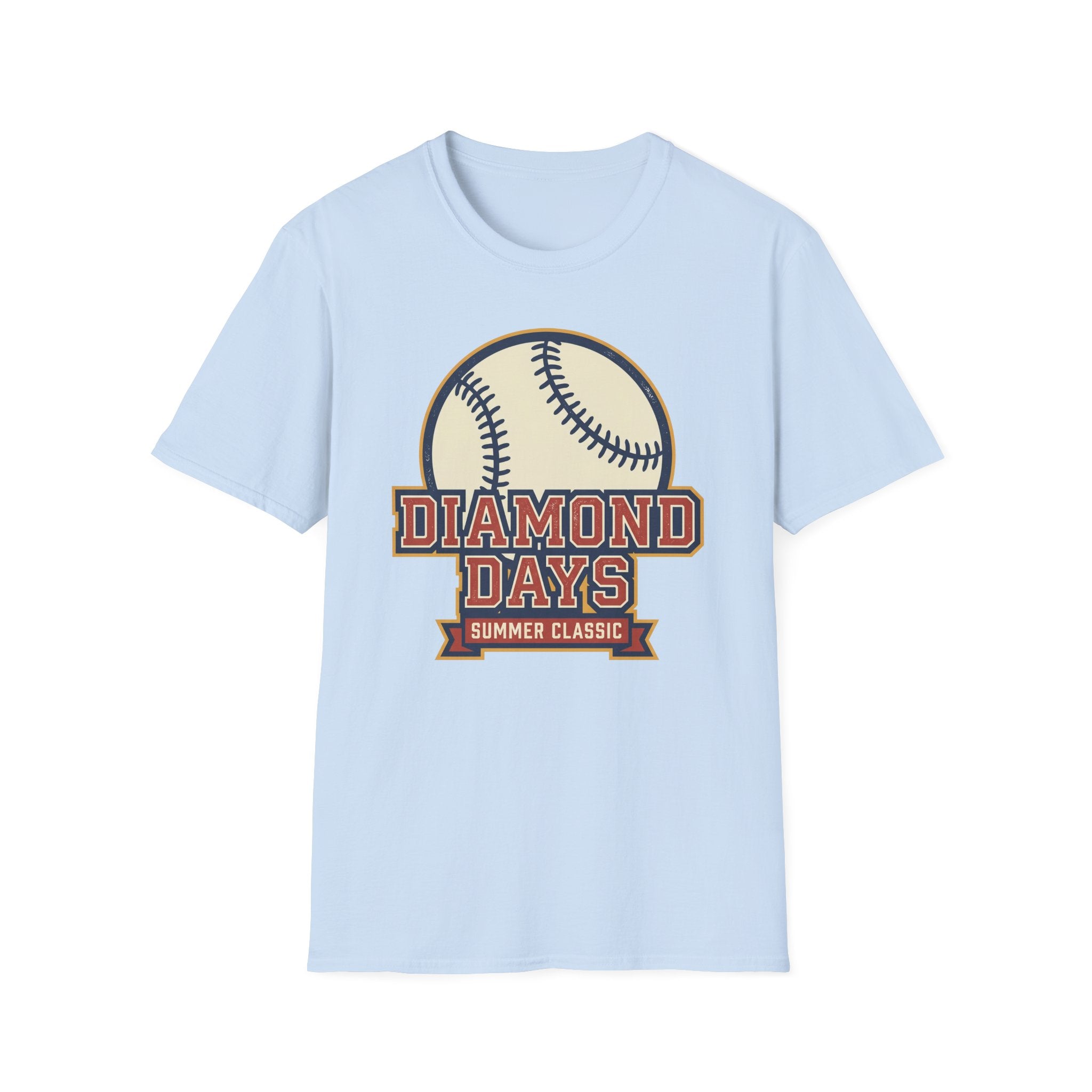 Vintage baseball T-shirt, light blue, Diamond Days baseball graphic centered