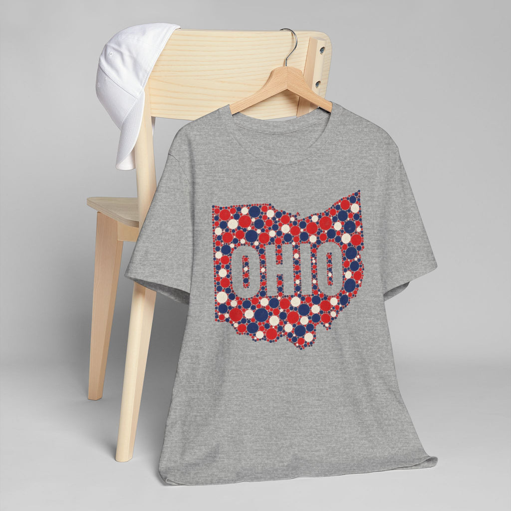 Heather gray crew-neck T-shirt with red, white, and blue dotted Ohio graphic front