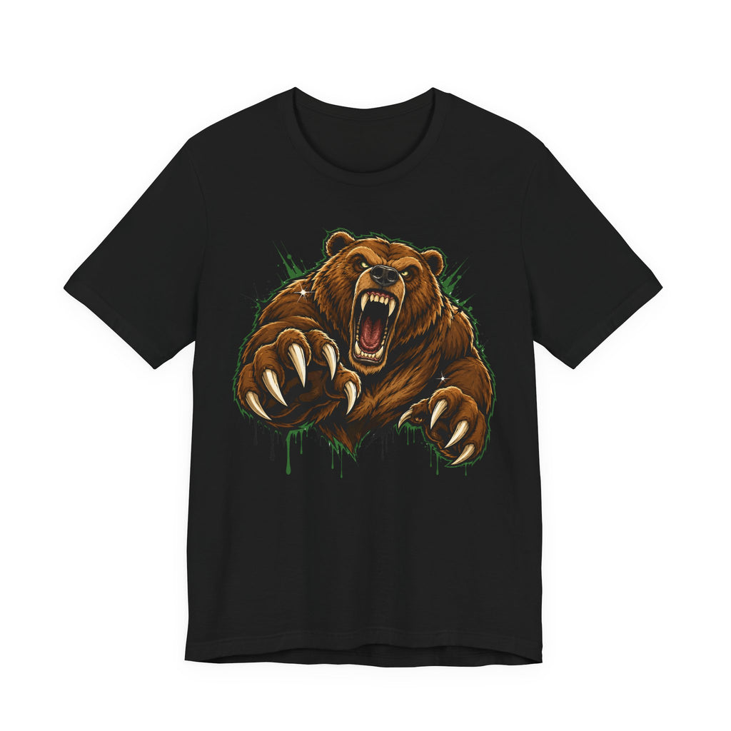Black unisex tee with roaring grizzly bear graphic and claw splash detail