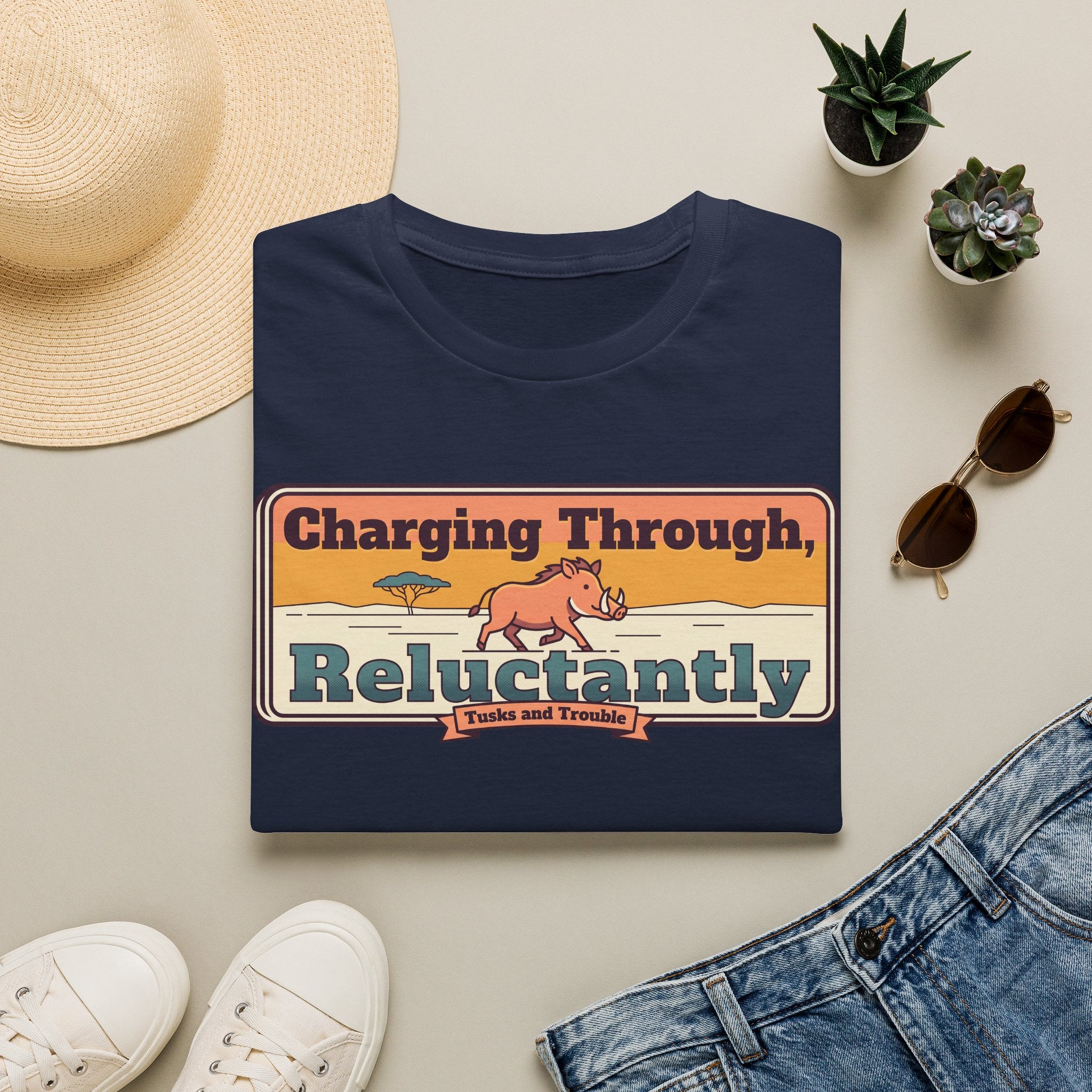 Navy short-sleeve T-shirt with “Charging Through… Reluctantly” pig graphic