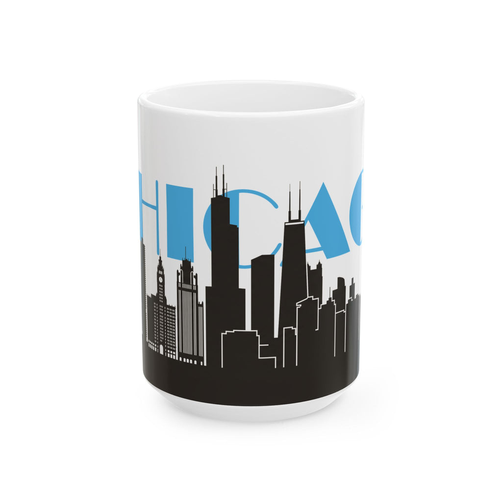 White ceramic mug with black city skyline silhouette and blue city lettering