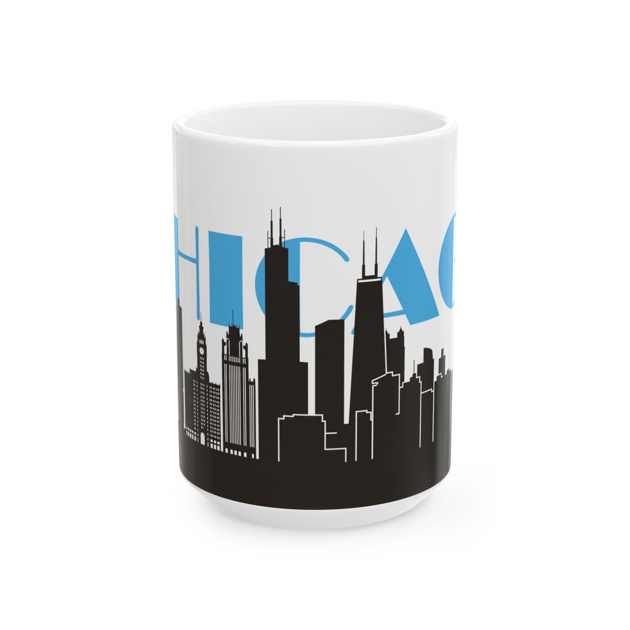 White ceramic mug with black city skyline silhouette and blue city lettering