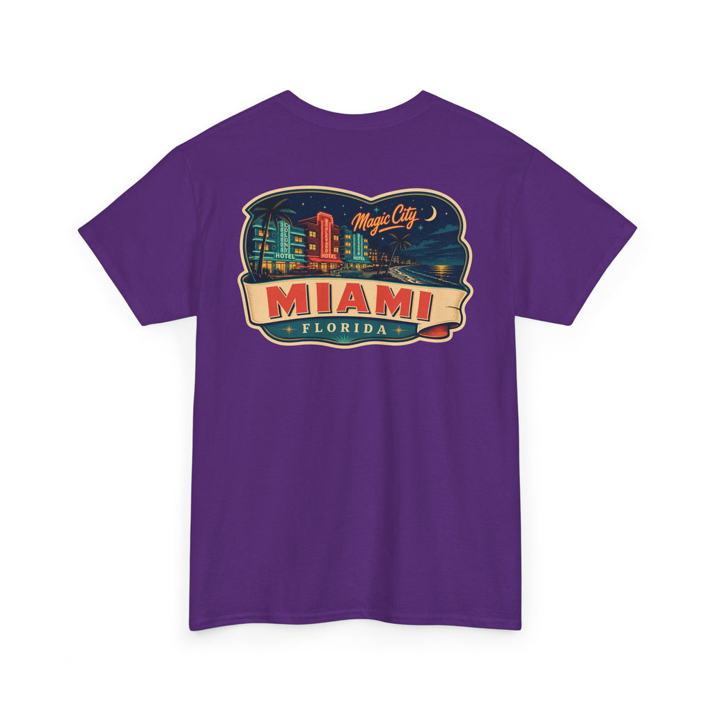 Purple T-shirt with Miami luggage tag graphic on the chest