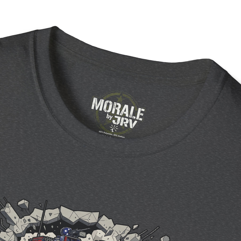 Dark gray tank tee close-up: “MORALE by TRV” neck logo