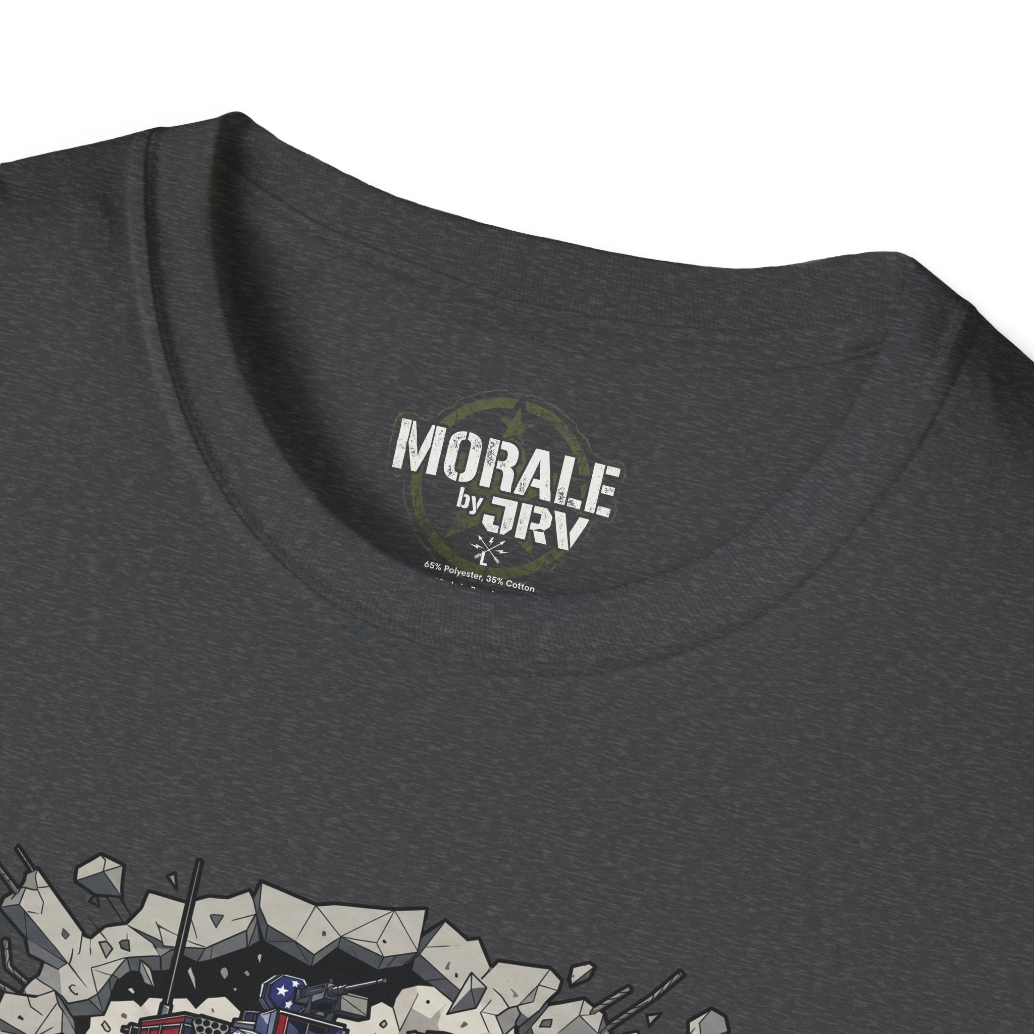Dark gray tank tee close-up: “MORALE by TRV” neck logo