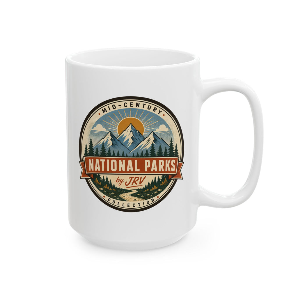 White ceramic mug with Mid-Century National Parks by JRV badge; handle on right