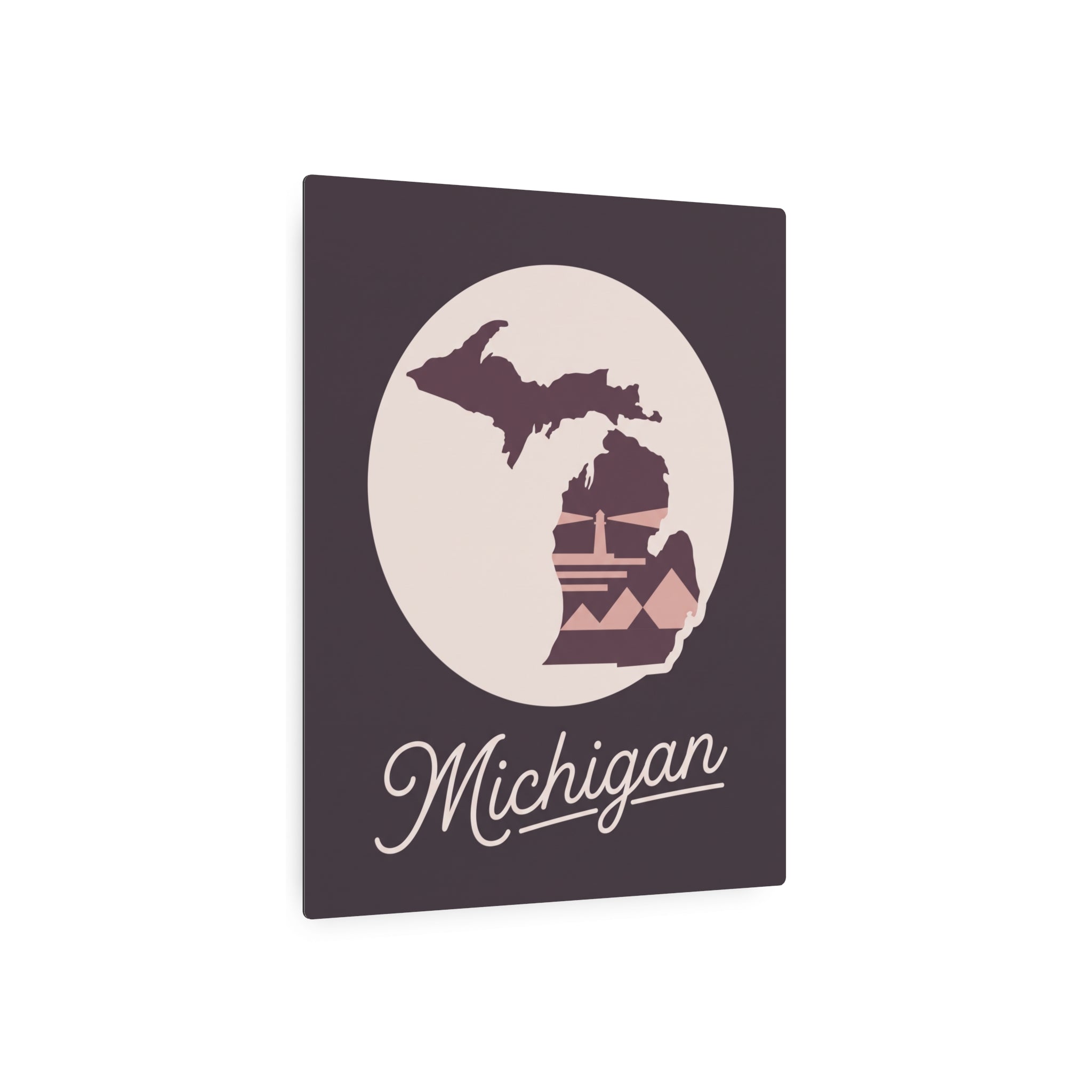 Mauve metal wall art plaque with pale circle Michigan silhouette and 'Michigan' script