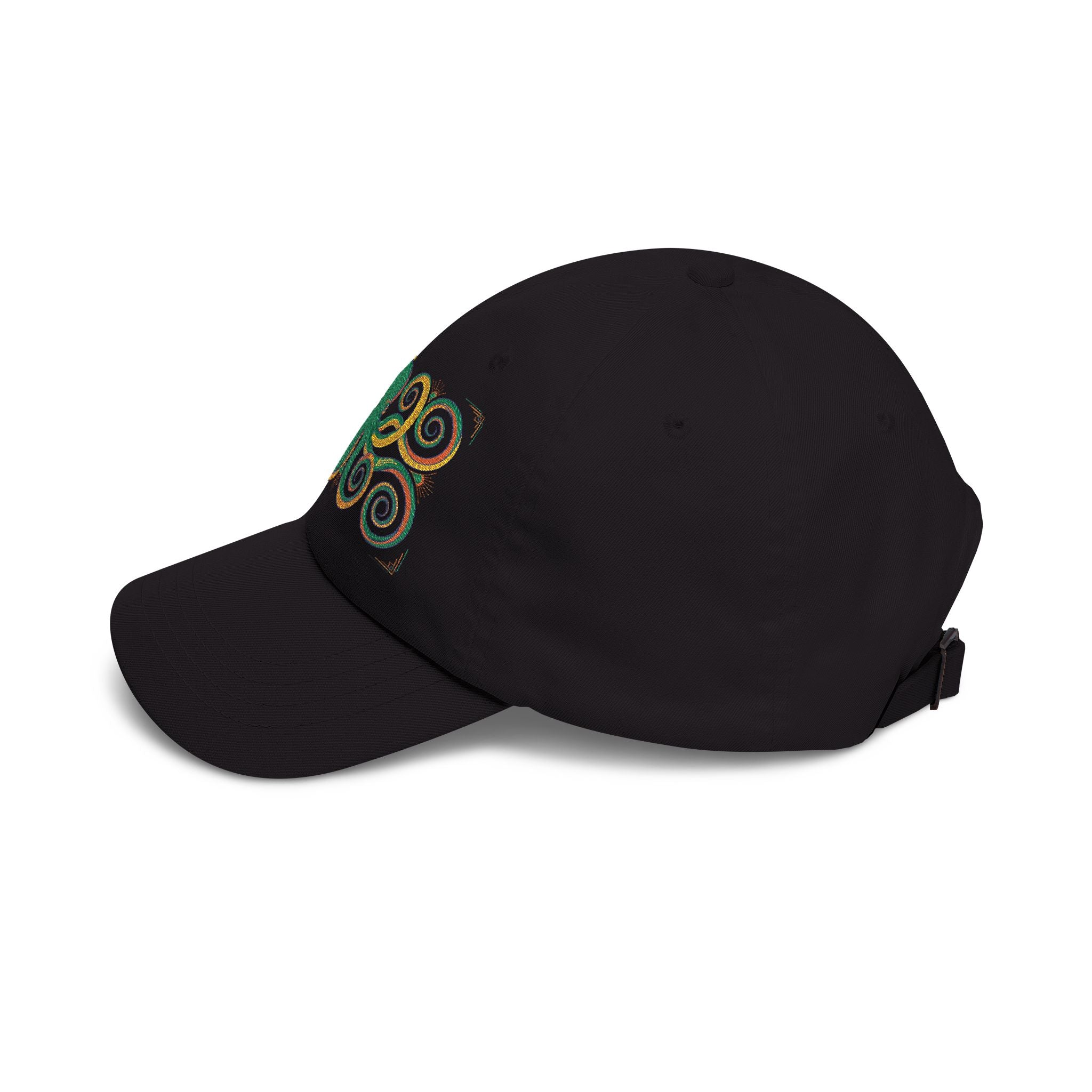 Dark baseball cap with curved brim and green-and-gold swirl embroidery on the side