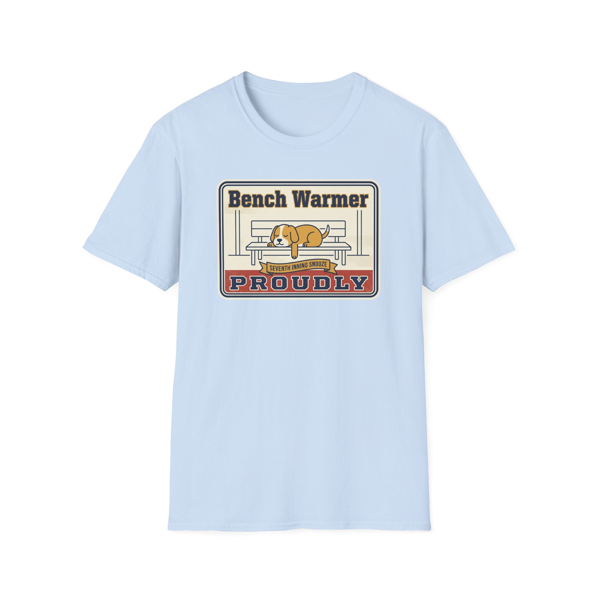 Light blue T-shirt with “Bench Warmer Proudly” dog-on-bench graphic on front