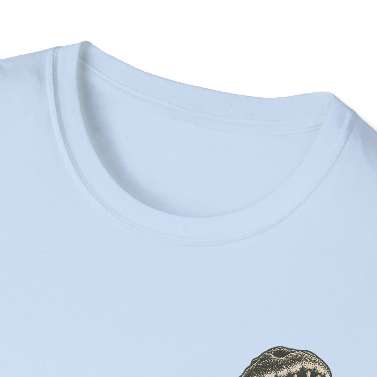 Light blue crewneck T-shirt collar close-up, no visible graphic