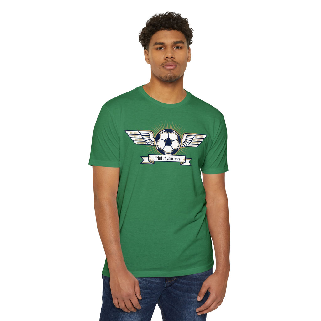 Green soccer T-shirt with winged ball emblem graphic on the chest