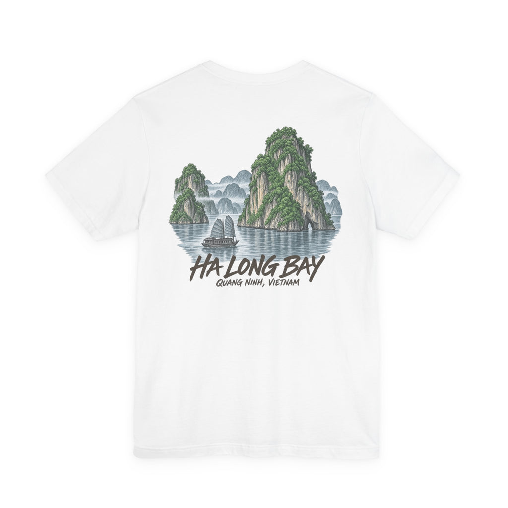 White short-sleeve T-shirt with green landscape and “Ha Long Bay” style print on back