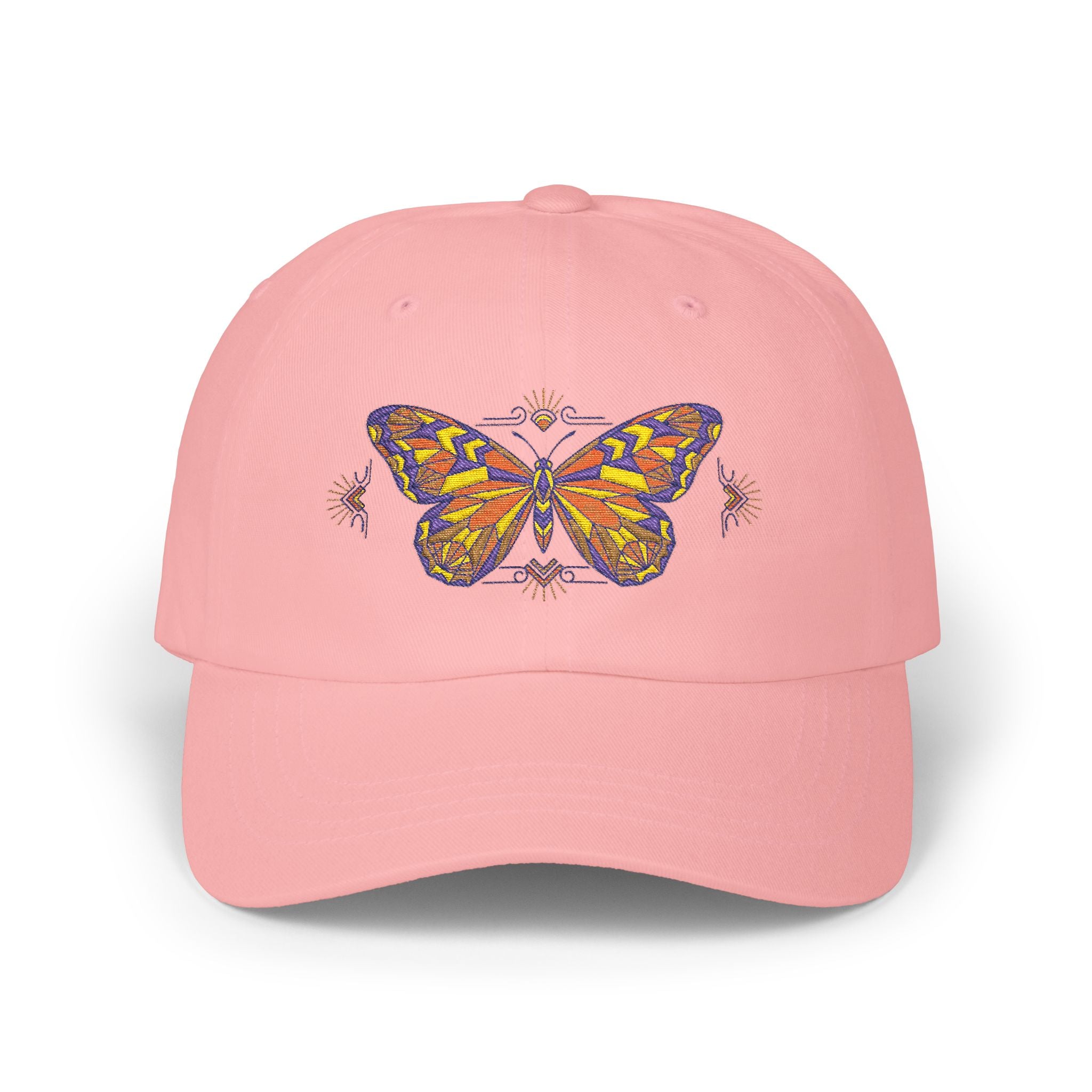 Pink dad cap with colorful butterfly-moth embroidery on the front panel