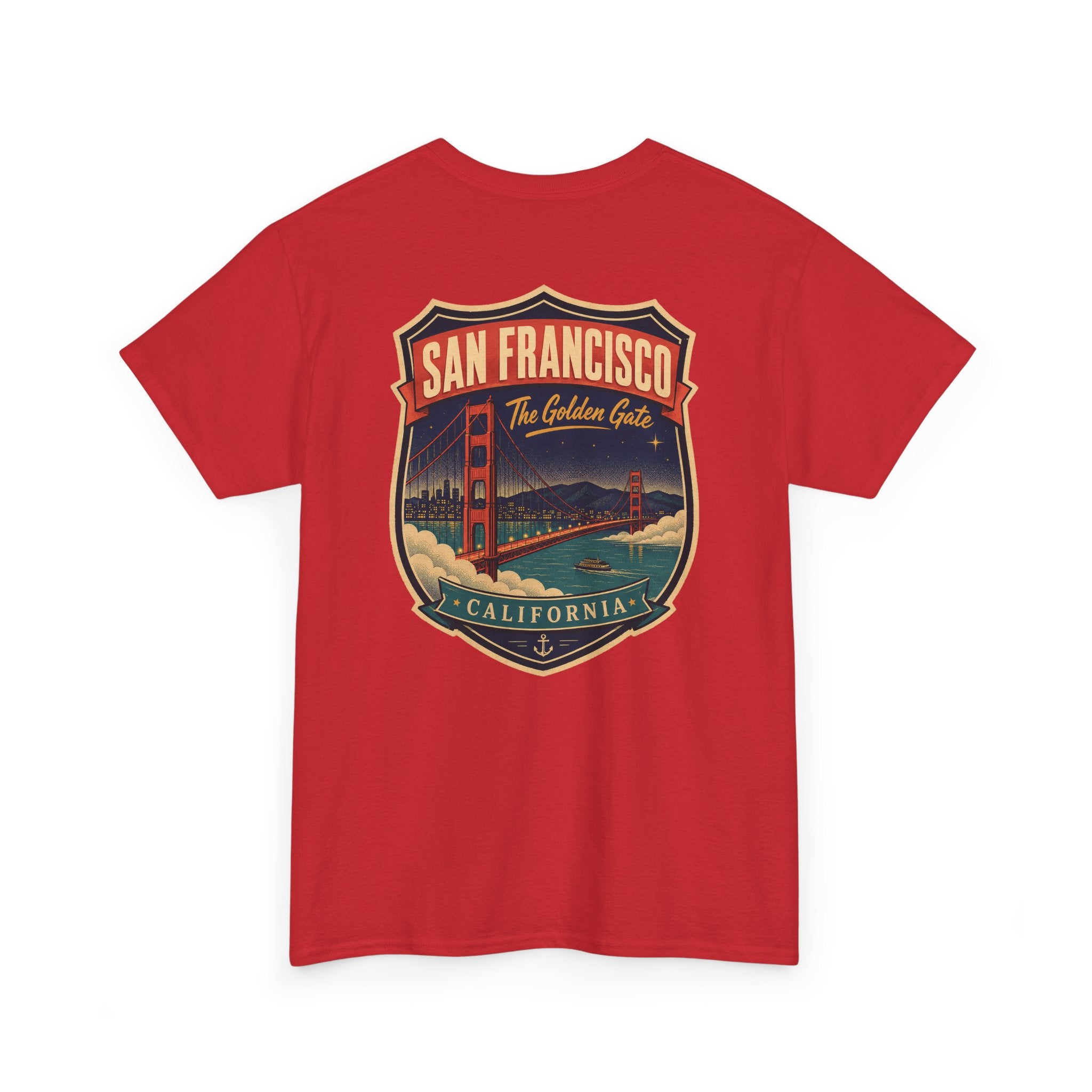 Red T-shirt with San Francisco city luggage tag badge graphic