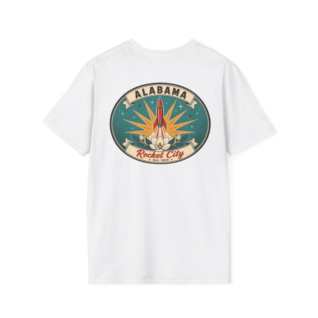 White T-shirt with circular Alabama Rocket City rocket graphic on chest