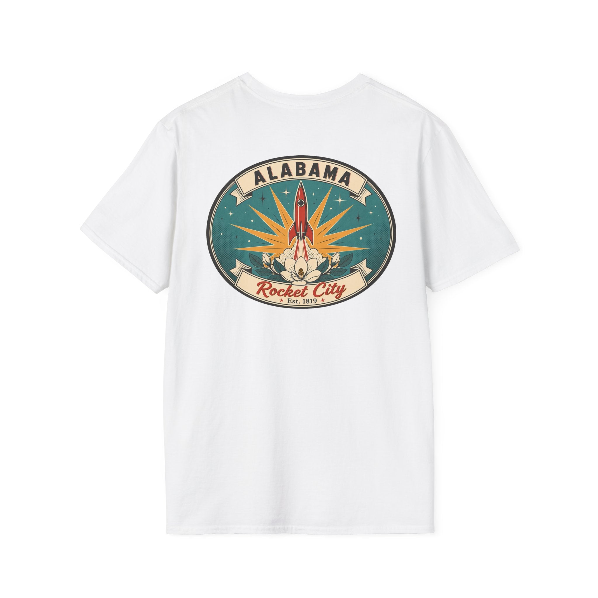 White T-shirt with circular Alabama Rocket City rocket graphic on chest
