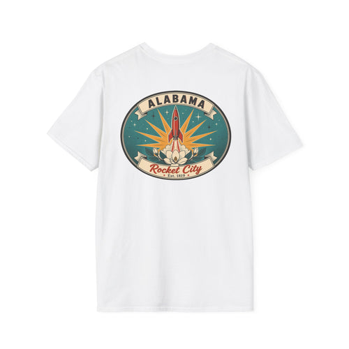 White T-shirt with circular Alabama Rocket City rocket graphic on chest