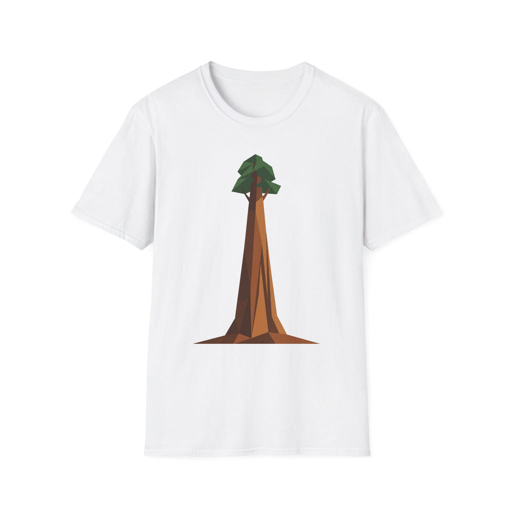 Geometric tree T-shirt, white base with low-poly redwood graphic on front