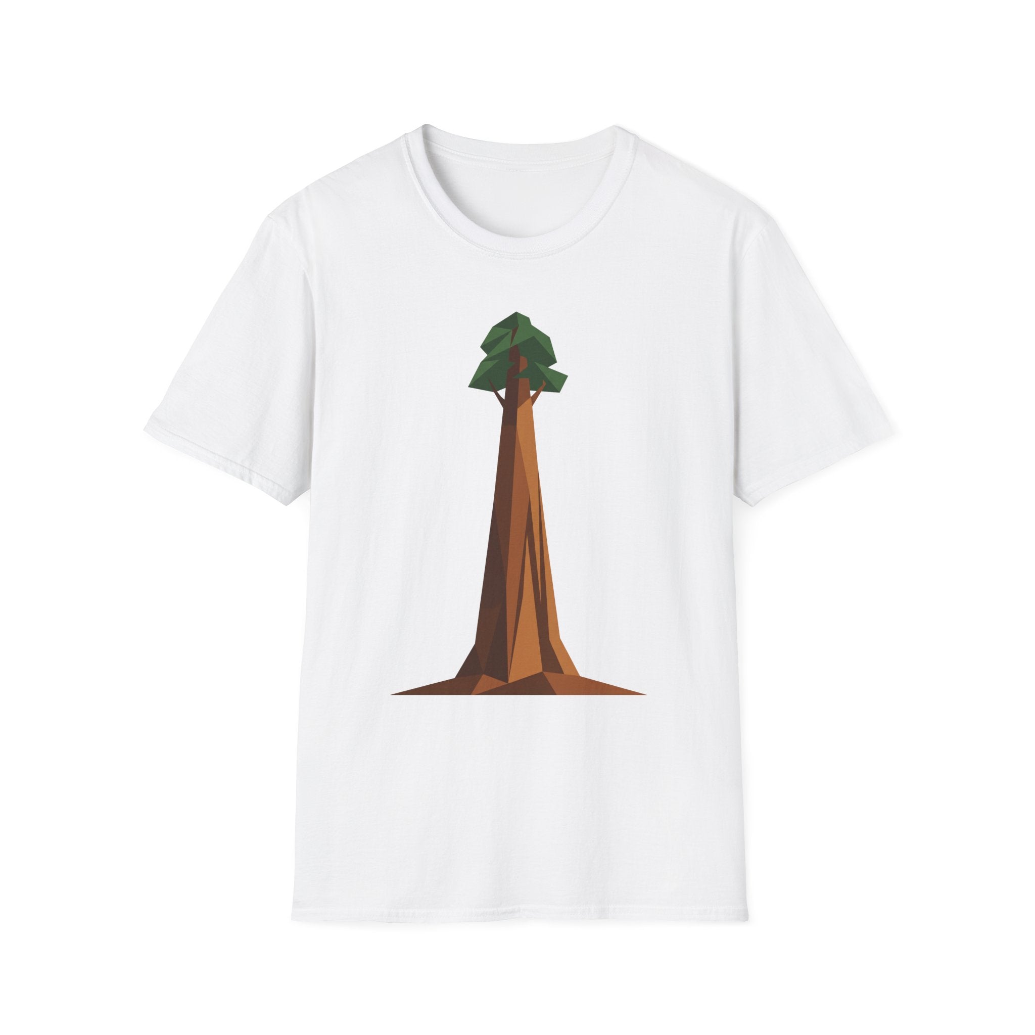 Geometric tree T-shirt, white base with low-poly redwood graphic on front