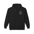 Black midweight hoodie with front logo on chest and pullover hood