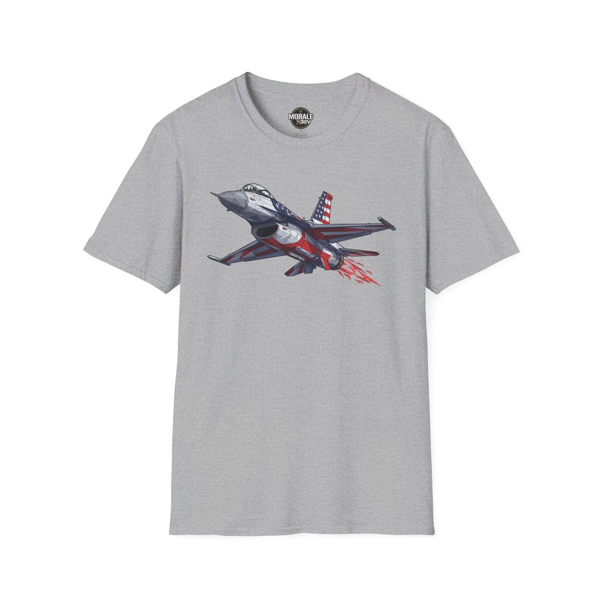 F-16 T-Shirt, light gray, front print of flying jet with American flag and red trail