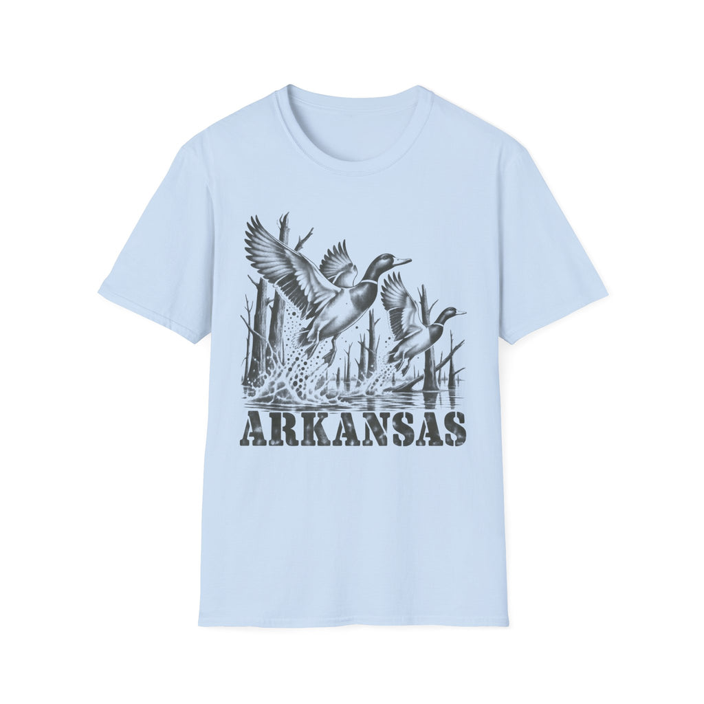 Light blue crewneck T-shirt with Arkansas duck graphic print on front