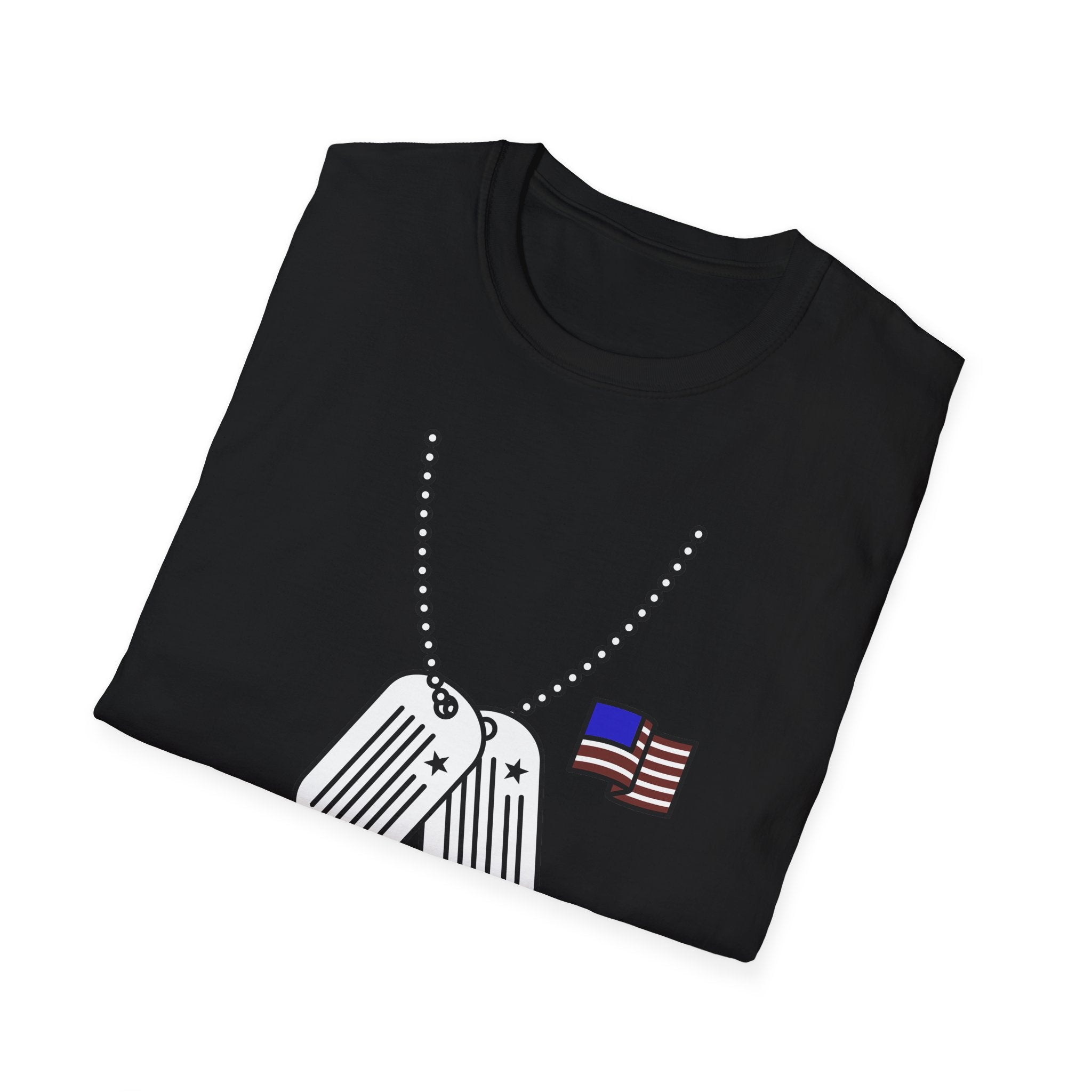 Black graphic T-shirt with dog tag chain and American flag print