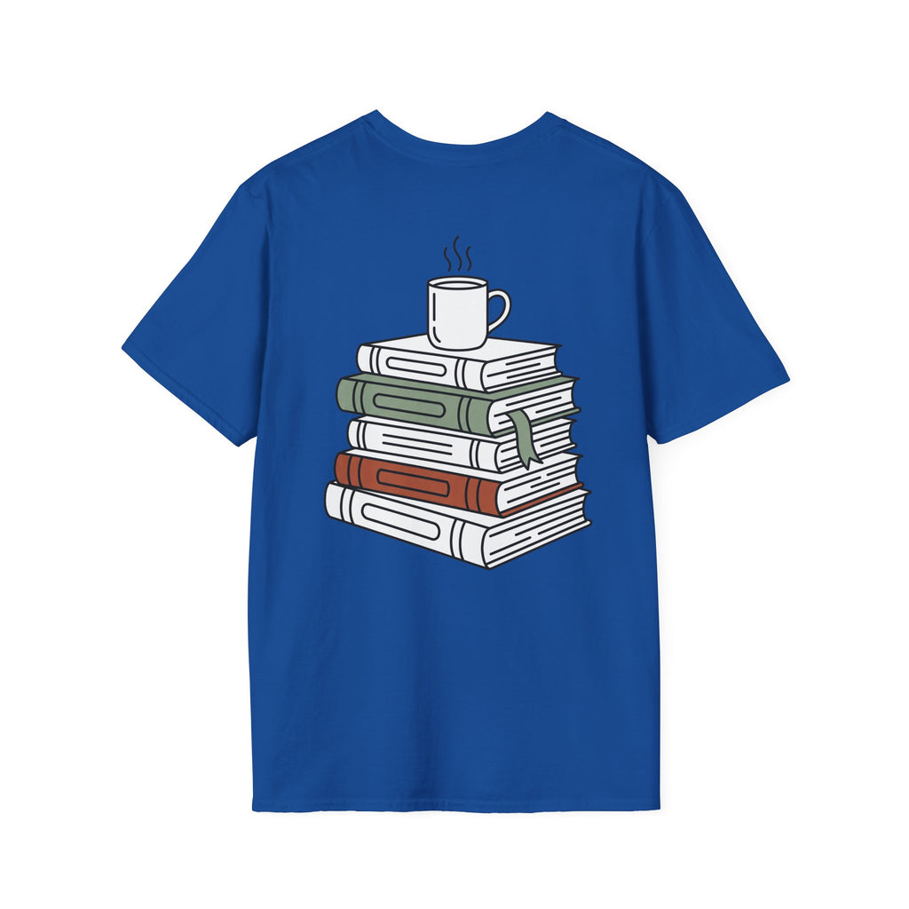 Royal blue t-shirt with colorful stacked-books and mug graphic, crew neck.